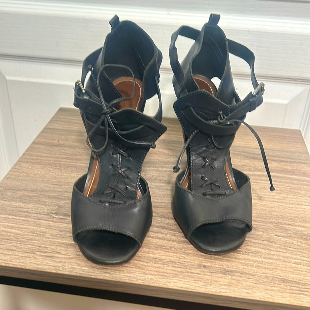 ALL SAINTS SPITALFIELDS BLACK LEATHER HEELED SANDALS SIZE 39 eu